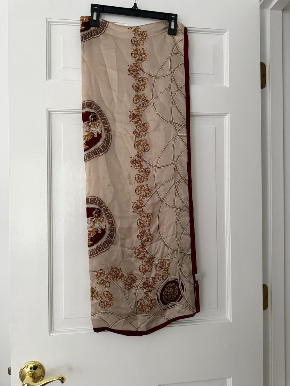 100% silk Versace inspired ivory & burgundy scarf - like new!
